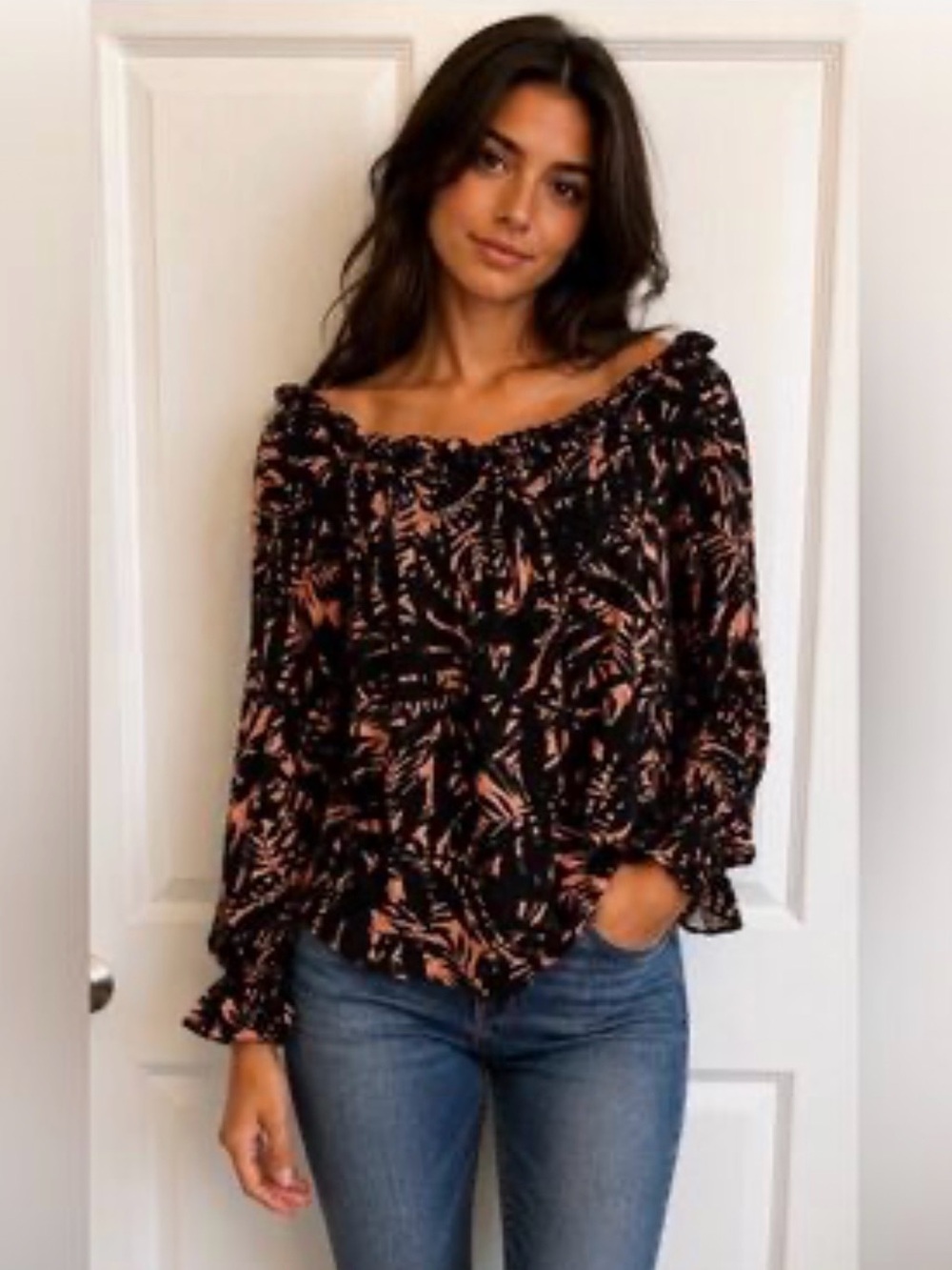 Sanctuary NWT Free Ballet Neck Off Shoulder Top Pink Black Palm Print Medium